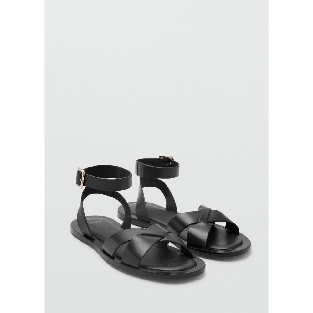 MNG by Mango Leather Gladiator Flat Sandals black Buckle Strap 39 8.5-9 NEW - Picture 3 of 12
